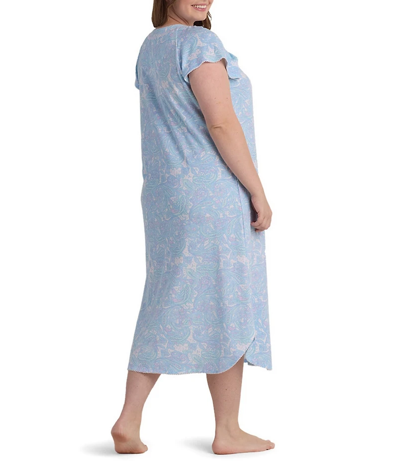 Miss Elaine Plus Size Cottonessa Paisley Print Scoop Neck Short Sleeve Long Knit Nightgown