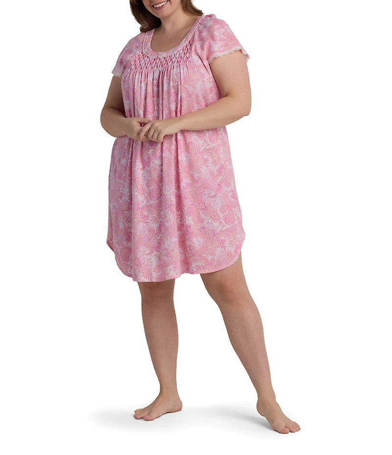 Miss Elaine Plus Size Cottonessa Soft Interlock Knit Short Sleeve Round Neck Paisley Print Nightgown