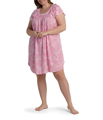 Miss Elaine Plus Size Cottonessa Soft Interlock Knit Short Sleeve Round Neck Paisley Print Nightgown