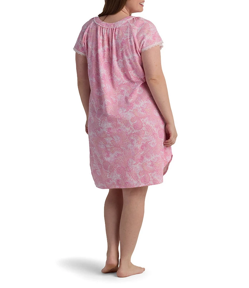 Miss Elaine Plus Size Cottonessa Soft Interlock Knit Short Sleeve Round Neck Paisley Print Nightgown