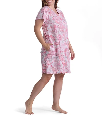 Miss Elaine Plus Size Floral Tapestry Interlock Knit Short Sleeve V Neck Short Snap Robe