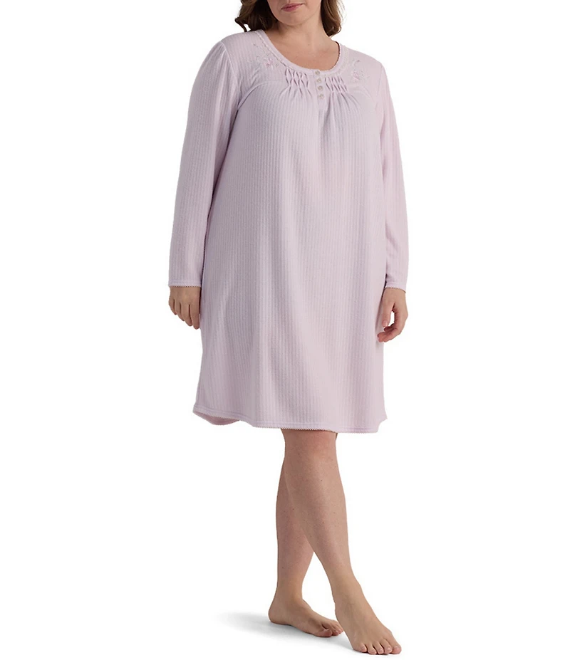 Miss Elaine Plus Size Honeycomb Knit Scoop Neck Long Sleeve Short Gown