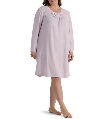 Miss Elaine Plus Size Honeycomb Knit Scoop Neck Long Sleeve Short Gown