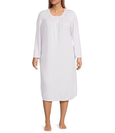 Miss Elaine Plus Size Knit Long Sleeve Round Neck Long Nightgown