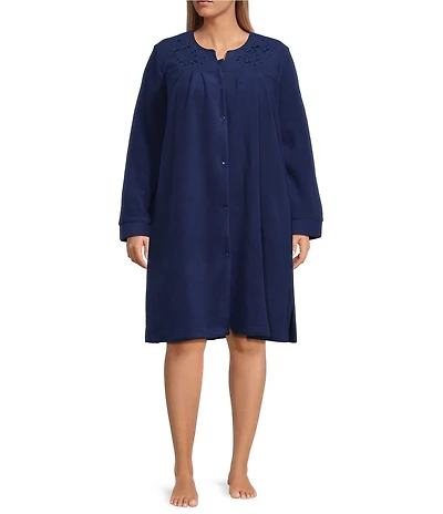 Miss Elaine Plus Size Long Sleeve Round Neck Micro Fleece Short Snap Robe
