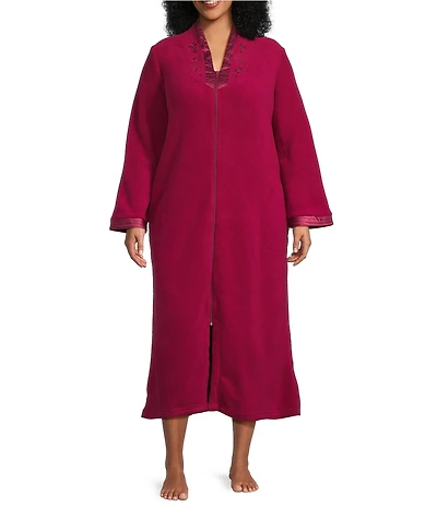 Miss Elaine Plus Size Long Sleeve V Neck Micro Fleece Long Zip Robe