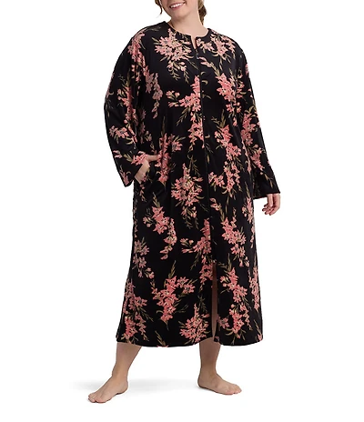 Miss Elaine Plus Size Luxe Fleece Floral Print Long Sleeve Round Neck Long Zip Robe
