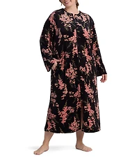Miss Elaine Plus Size Luxe Fleece Floral Print Long Sleeve Round Neck Long Zip Robe