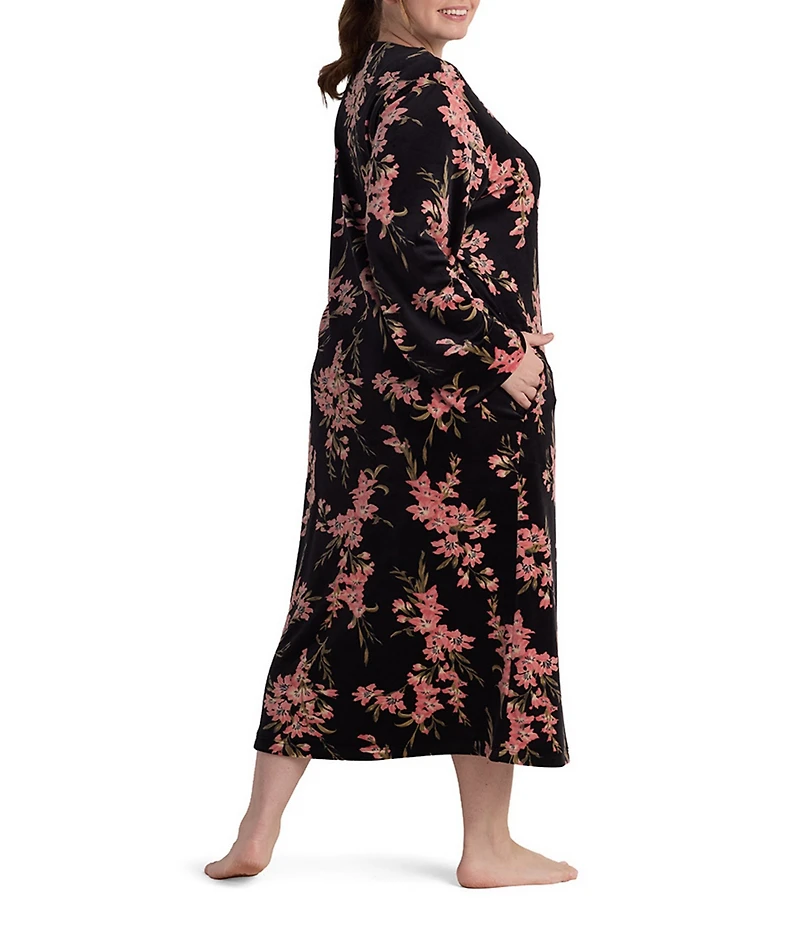 Miss Elaine Plus Size Luxe Fleece Floral Print Long Sleeve Round Neck Long Zip Robe