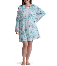 Miss Elaine Plus Size Painted Tropical Print Long Sleeve Quilt-In-Knit Short Snap Robe