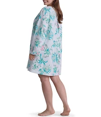 Miss Elaine Plus Size Painted Tropical Print Long Sleeve Quilt-In-Knit Short Snap Robe