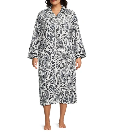 Miss Elaine Plus Size Paisley Print French Fleece Long Sleeve Collar Neck Long Zip Robe