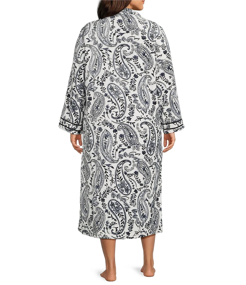 Miss Elaine Plus Size Paisley Print French Fleece Long Sleeve Collar Neck Long Zip Robe