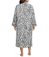 Miss Elaine Plus Size Paisley Print French Fleece Long Sleeve Collar Neck Long Zip Robe