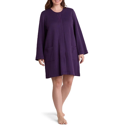 Miss Elaine Plus Size Quilt In Knit Solid Long Sleeve Short Snap Robe
