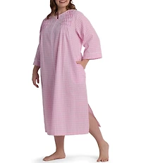 Miss Elaine Plus Size Seersucker 3/4 Sleeves Checkered Long Zip-Front Robe