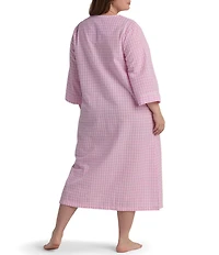 Miss Elaine Plus Size Seersucker 3/4 Sleeves Checkered Long Zip-Front Robe