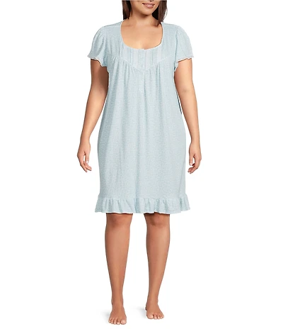 Miss Elaine Plus Size Silky Knit Paisley Print Short Sleeve Round Neck Short Nightgown