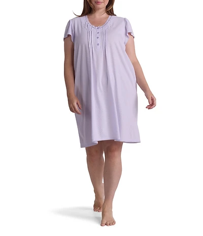 Miss Elaine Plus Size Silky Knit Pointelle Short Sleeve V-Neck Short Nightgown