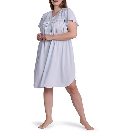 Miss Elaine Plus Size Silky Knit Solid Short Sleeve V Neck Jersey Short Nightgown