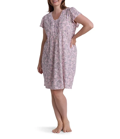 Miss Elaine Plus Size Silky Knit Springtime Floral Print Short Sleeve V-Neck Short Nightgown