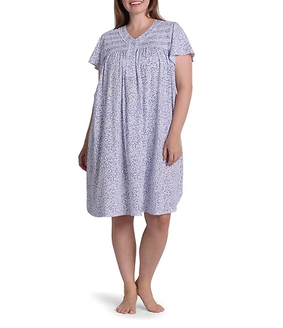 Miss Elaine Plus Size Silky Knit Tiny Print Stem Short Sleeve V-Neck Jersey Short Nightgown