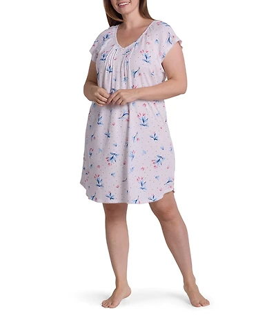 Miss Elaine Plus Size Silkyknit Floral Print Short Sleeve V-Neck Short Nightgown