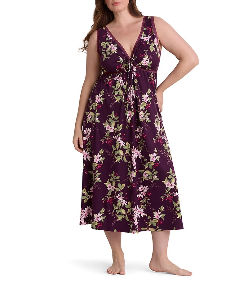 Miss Elaine Plus Size Sofi Knit Wildflower Print Sleeveless V-Neck Long Nightgown