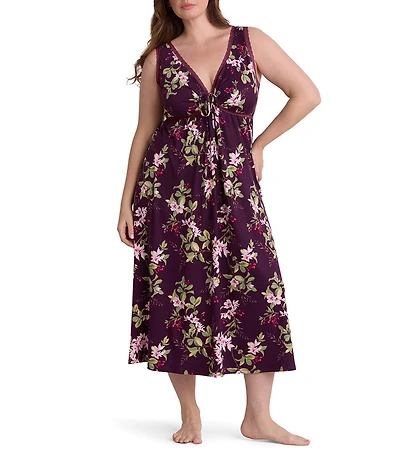 Miss Elaine Plus Size Sofi Knit Wildflower Print Sleeveless V-Neck Long Nightgown