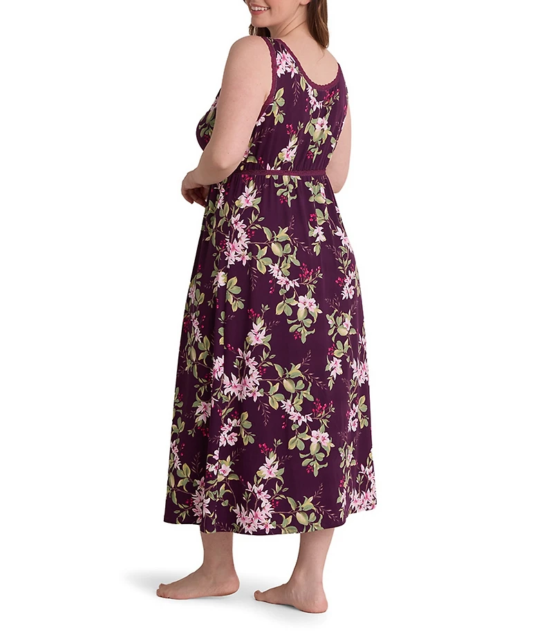 Miss Elaine Plus Size Sofi Knit Wildflower Print Sleeveless V-Neck Long Nightgown