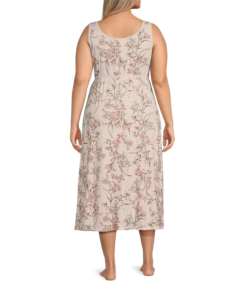 Miss Elaine Plus Size Soft Knit Floral Print Sleeveless Long Nightgown