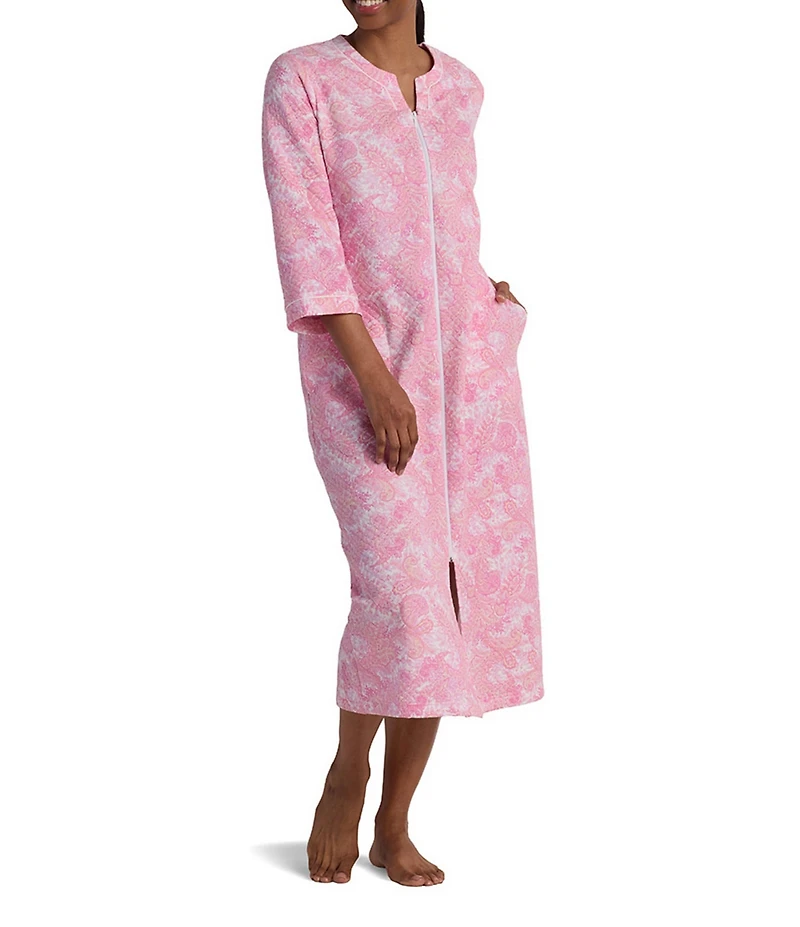 Miss Elaine Quilt In Knit 3/4 Sleeve Paisley Print Zip Long Robe