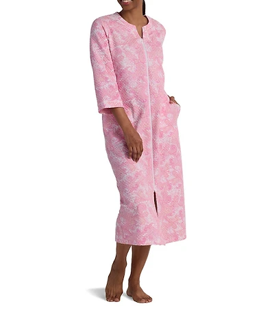 Miss Elaine Quilt In Knit 3/4 Sleeve Paisley Print Zip Long Robe