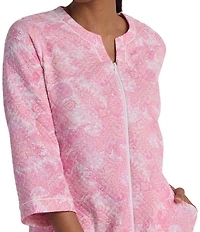 Miss Elaine Quilt In Knit 3/4 Sleeve Paisley Print Zip Long Robe