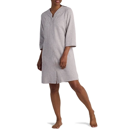 Miss Elaine Quilt-In-Knit 3/4 Sleeve Snap-Front Short Robe