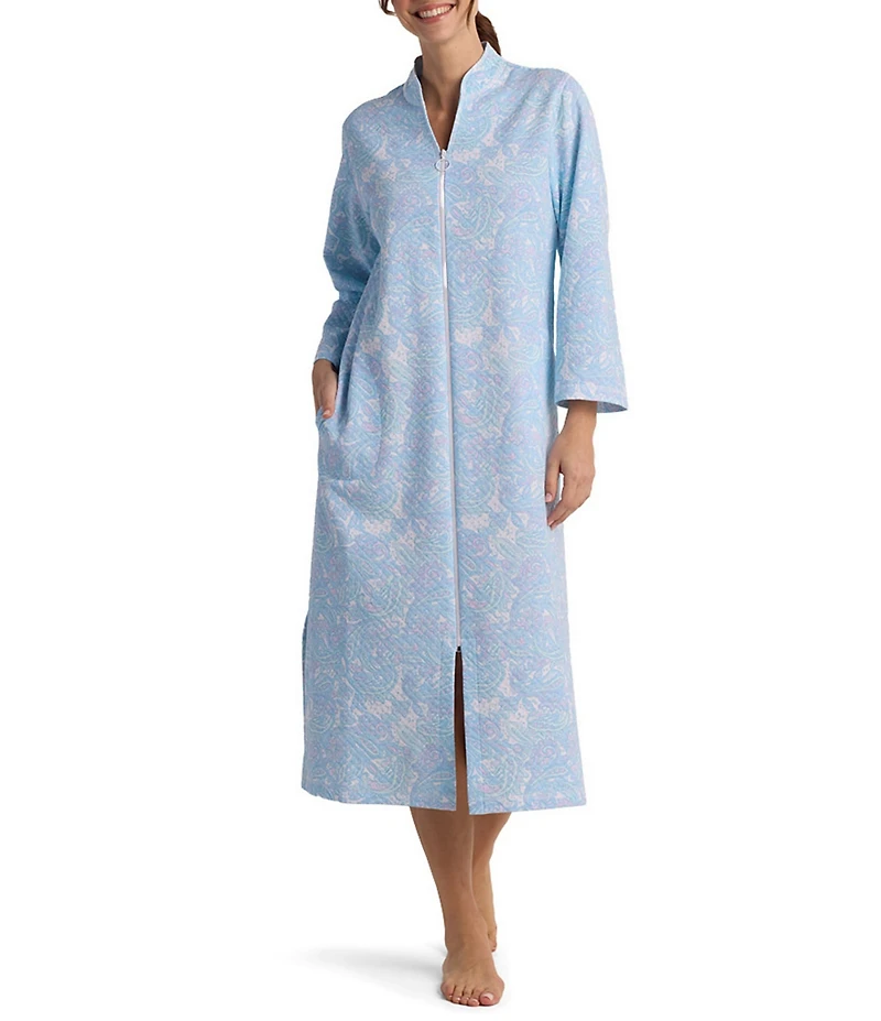 Miss Elaine Quilt In Knit 3/4 Sleeve V-Neck Paisley Print Zip-Front Long Robe