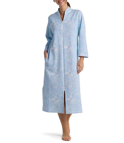 Miss Elaine Quilt In Knit 3/4 Sleeve V-Neck Paisley Print Zip-Front Long Robe