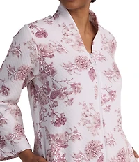 Miss Elaine Quilt In Knit Berry Blossoms Print Long Sleeve V-Neck Long Zip Robe