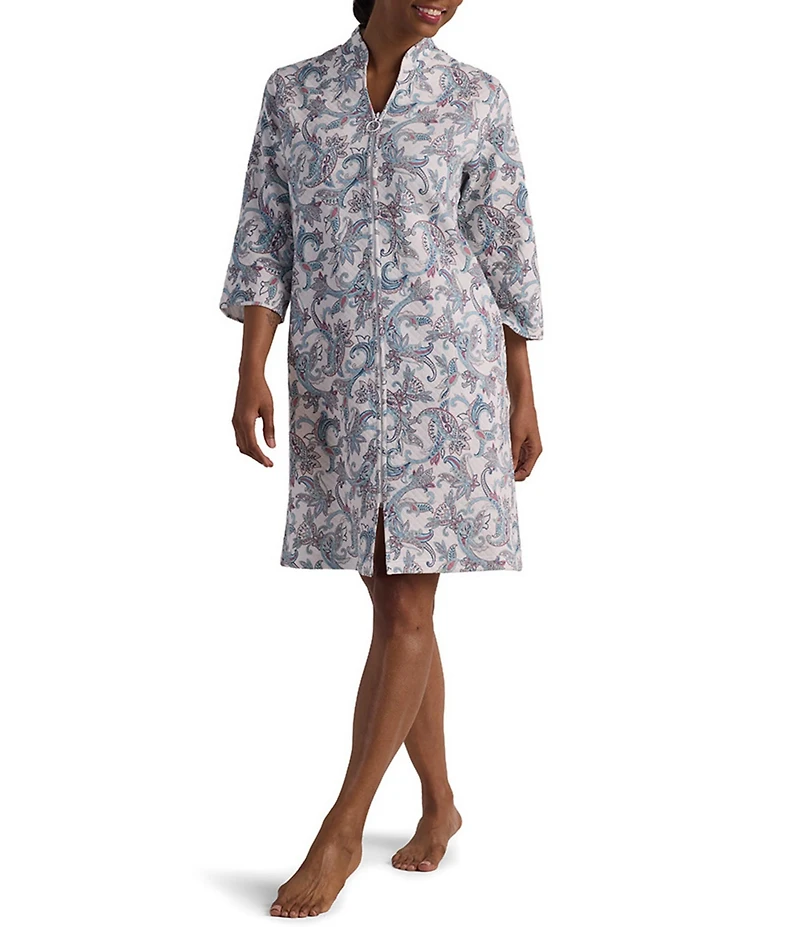 Miss Elaine Quilt In Knit Blue Floral Scoll Print 3/4 Sleeve Short Zip Robe