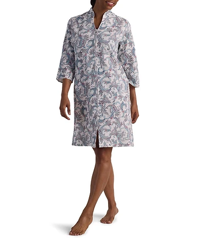 Miss Elaine Quilt In Knit Blue Floral Scoll Print 3/4 Sleeve Short Zip Robe