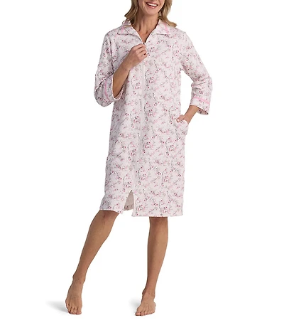 Miss Elaine Quilt In Knit Floral Print 3/4 Sleeve Short Zip Robe