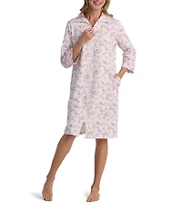 Miss Elaine Quilt In Knit Floral Print 3/4 Sleeve Short Zip Robe