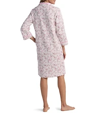 Miss Elaine Quilt In Knit Floral Print 3/4 Sleeve Short Zip Robe