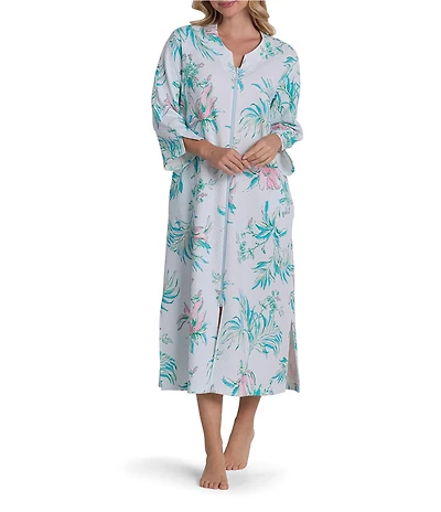 Miss Elaine Quilt-In-Knit Painted Tropical Print 3/4 Sleeve Long Zip Robe