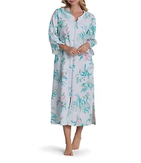 Miss Elaine Quilt-In-Knit Painted Tropical Print 3/4 Sleeve Long Zip Robe