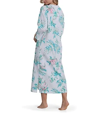 Miss Elaine Quilt-In-Knit Painted Tropical Print 3/4 Sleeve Long Zip Robe