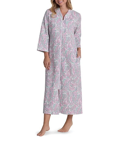 Miss Elaine Quilt-In-Knit Paisley Print 3/4 Sleeve Long Zip Robe