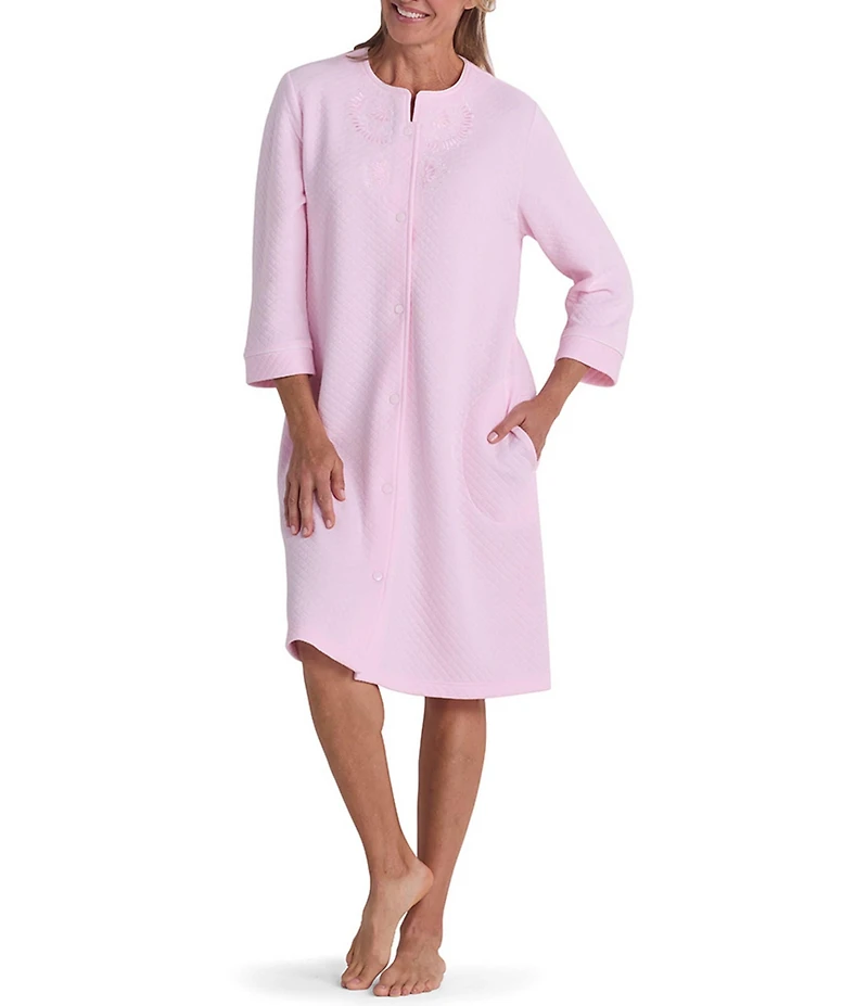 Miss Elaine Quilt-In-Knit Solid 3/4 Sleeve Short Snap Robe