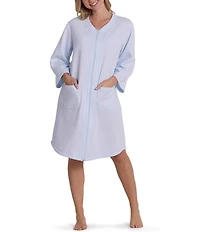 Miss Elaine Quilt-In-Knit Solid Long Sleeve V-Neck Short Robe