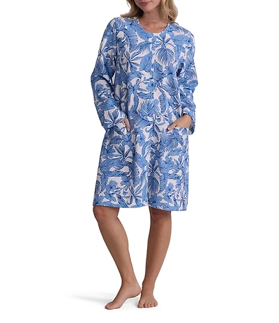 Miss Elaine Quilt In Knit Tropical Print Long Sleeve Round Neck Short Snap-Front Robe